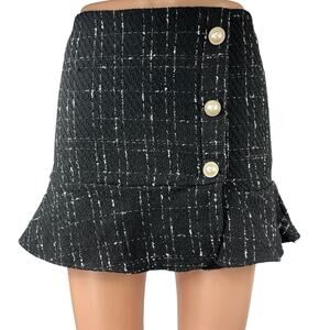 J.Ing Black Abigail Tweed Plaid Button Front Ruffle Flared Mini Pencil Skirt S